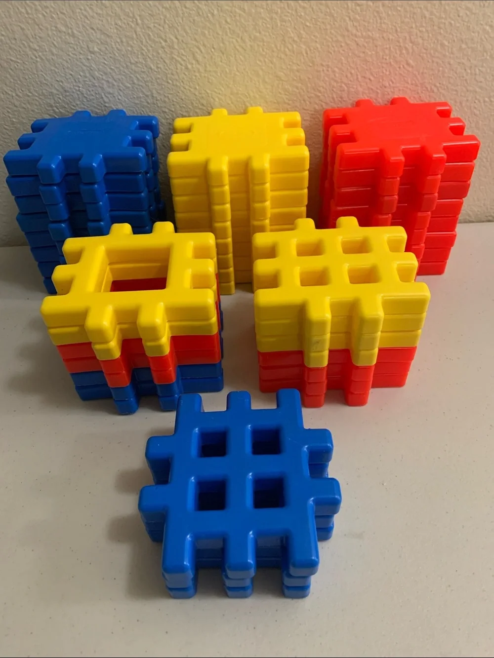 Vintage Little Tikes Wee Waffle Blocks Large 39 Piece Lot 4”X 4” Red Blue Yellow